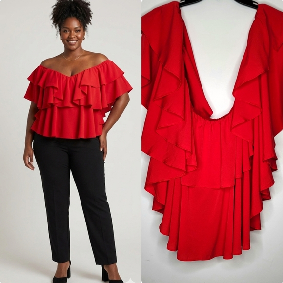 Boohoo Plus Red Ruffle Off-Shoulder Top - Picture 2 of 2